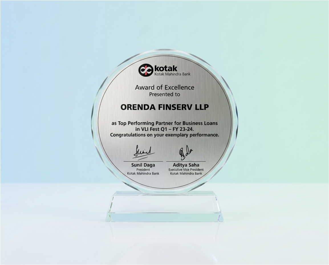 Award of Excellence from Kotak Mahindra Bank as Top Performing Partner for business loans (VLI Fest Q1, FY 23-24).